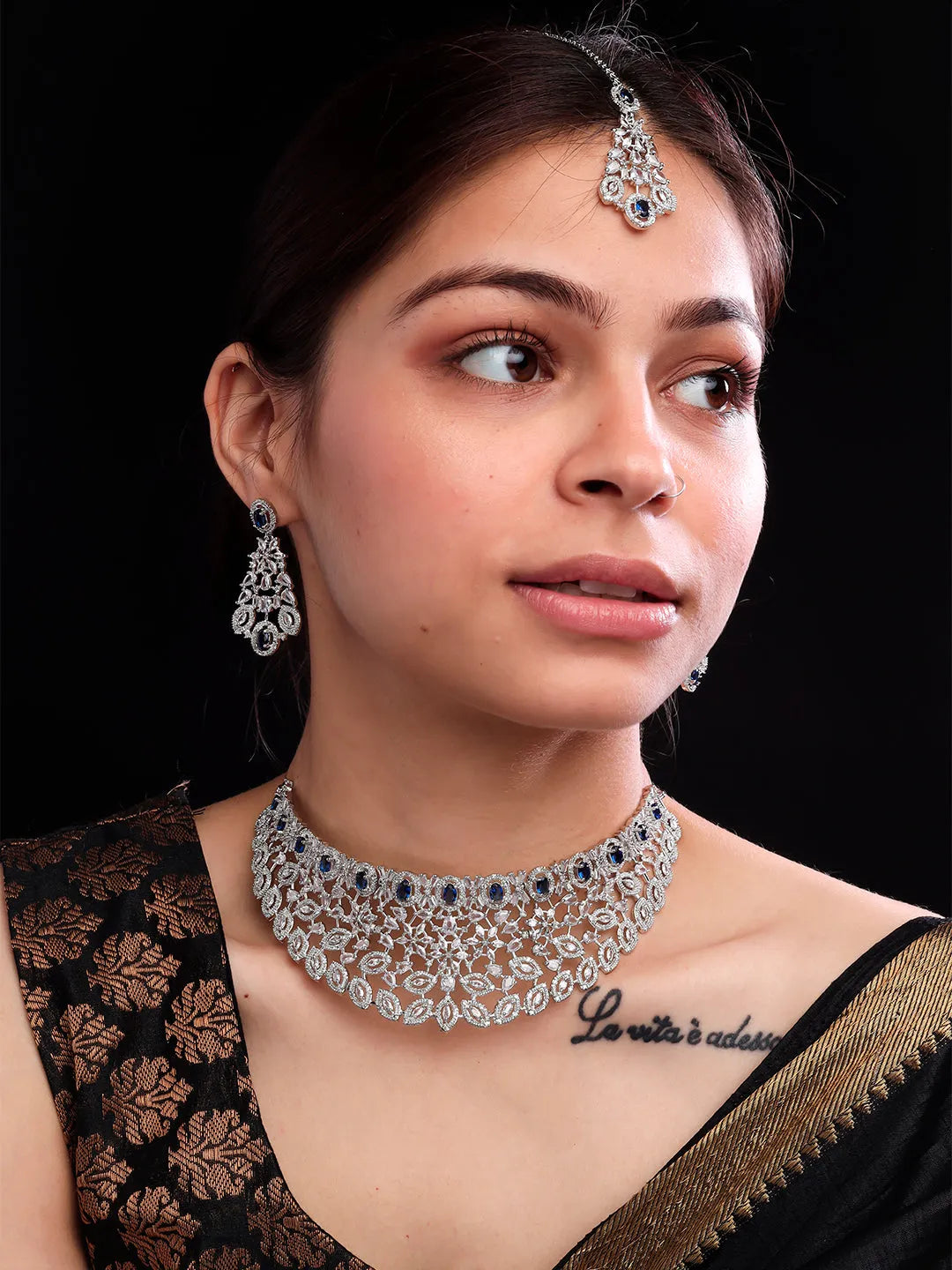 Silver Plated Blue Cubic Zirconia Bridal Necklace Set | Exquisite Wedding Jewellery Set