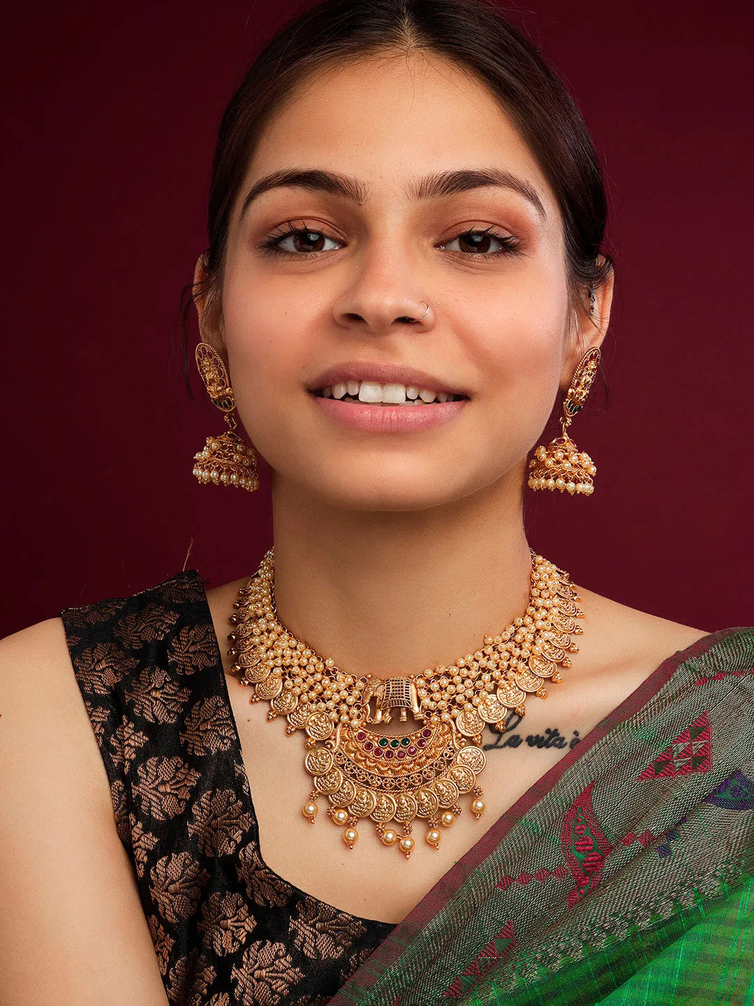 Exquisite Gold-Plated Temple Hydra Beads Necklace Set - A divine blend of tradition and elegance. Elevate your style with this stunning piece from SileAdda.