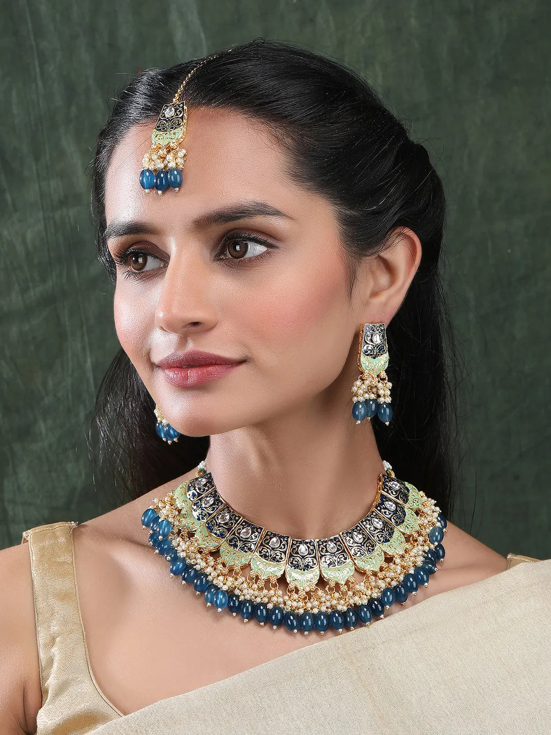 Versatile Blue Kundan Meenakari Droplet Necklace Set