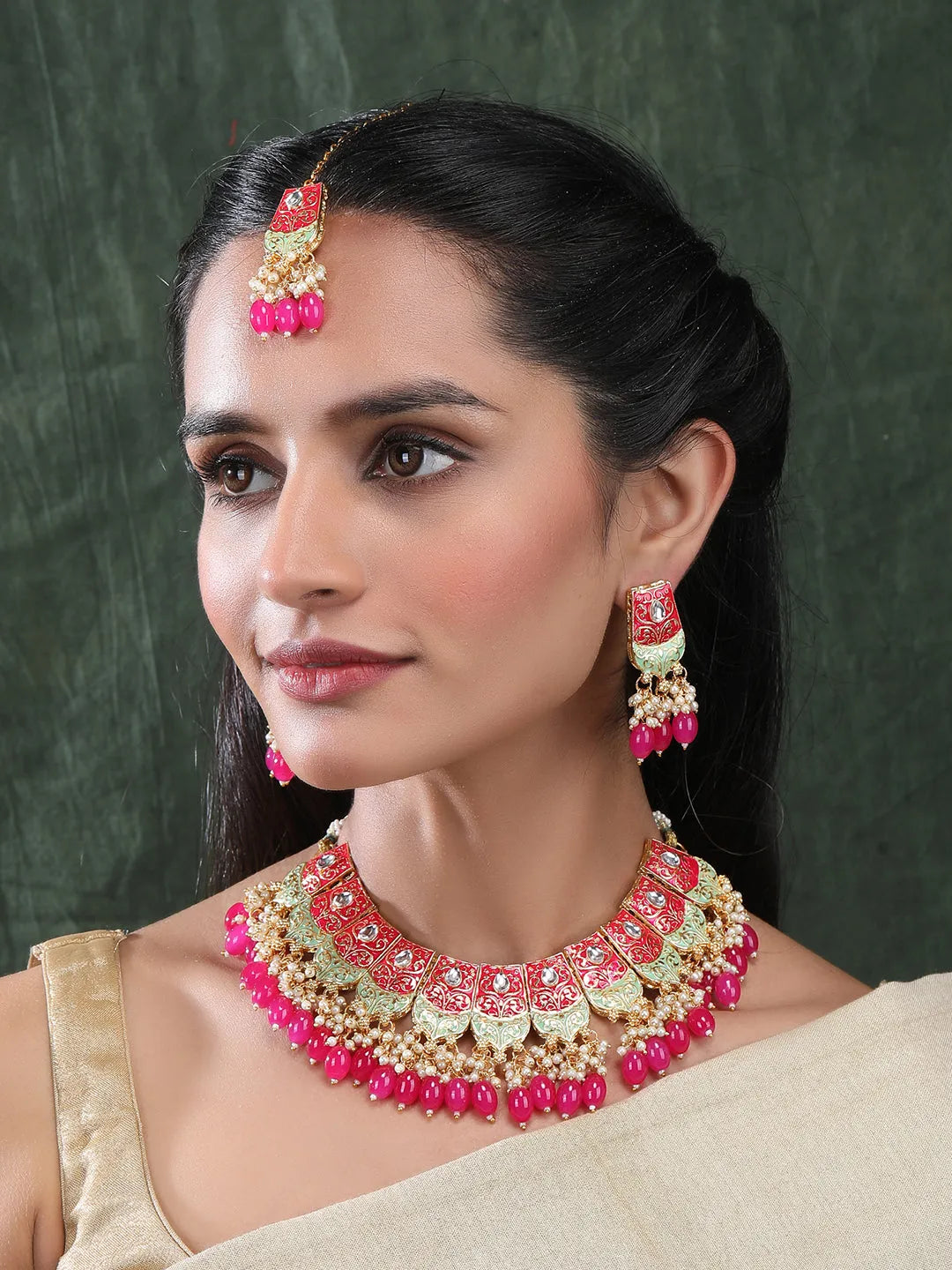 Precious Pink Kundan Meenakari Droplet Necklace Set