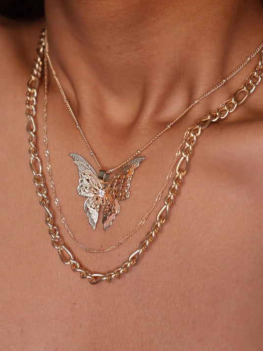 Layered Stylish Gold Plated Crystal Inlay Butterfly Thick Chain Necklace Chains Destiny Jewels