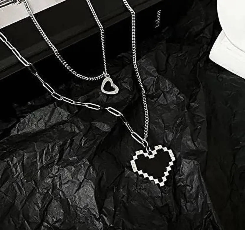 Borscht Pixelated Heart Pendant Layered Chain Destiny Jewels