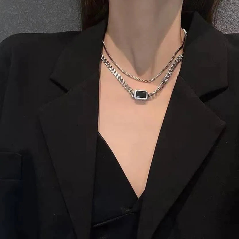 Stylish Korean Silver Plated Black Square Pendants Necklace Chains Destiny Jewels