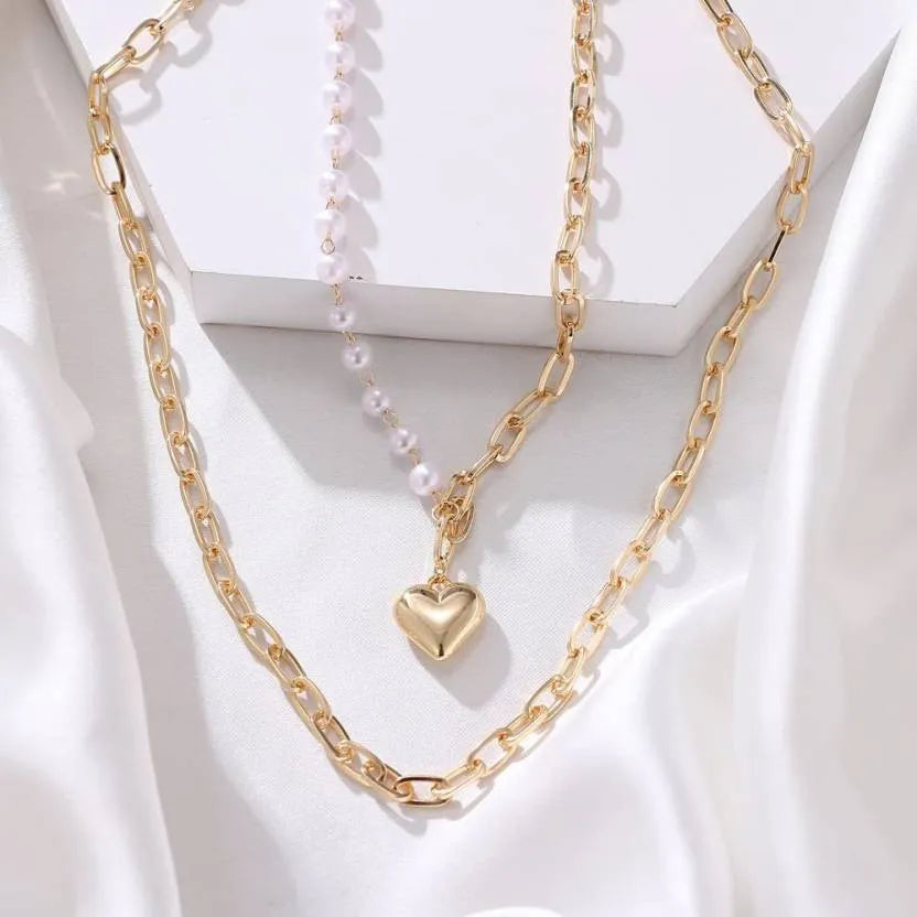 Layered Stylish Gold Plated Pearl Love Heart Pendant Thick Chain Necklace Destiny Jewels