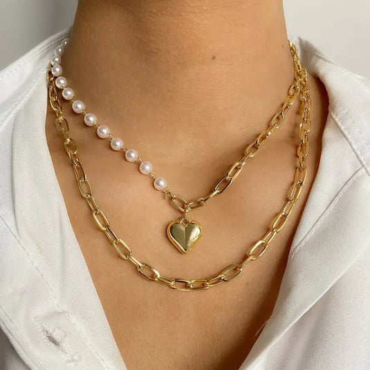 Layered Stylish Gold Plated Pearl Love Heart Pendant Thick Chain Necklace Destiny Jewels