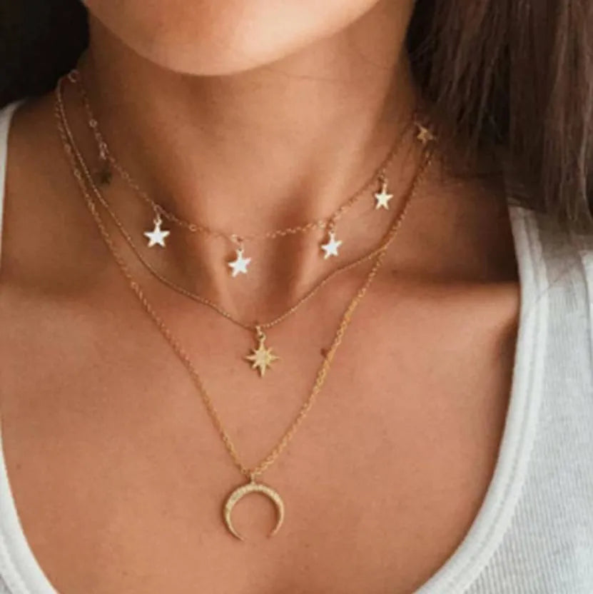 Stylish Simple Gold Plated Stars Moon Pendant Necklace Destiny Jewels