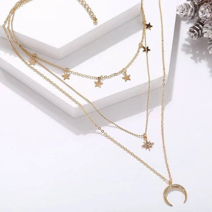 Stylish Simple Gold Plated Stars Moon Pendant Necklace Destiny Jewels