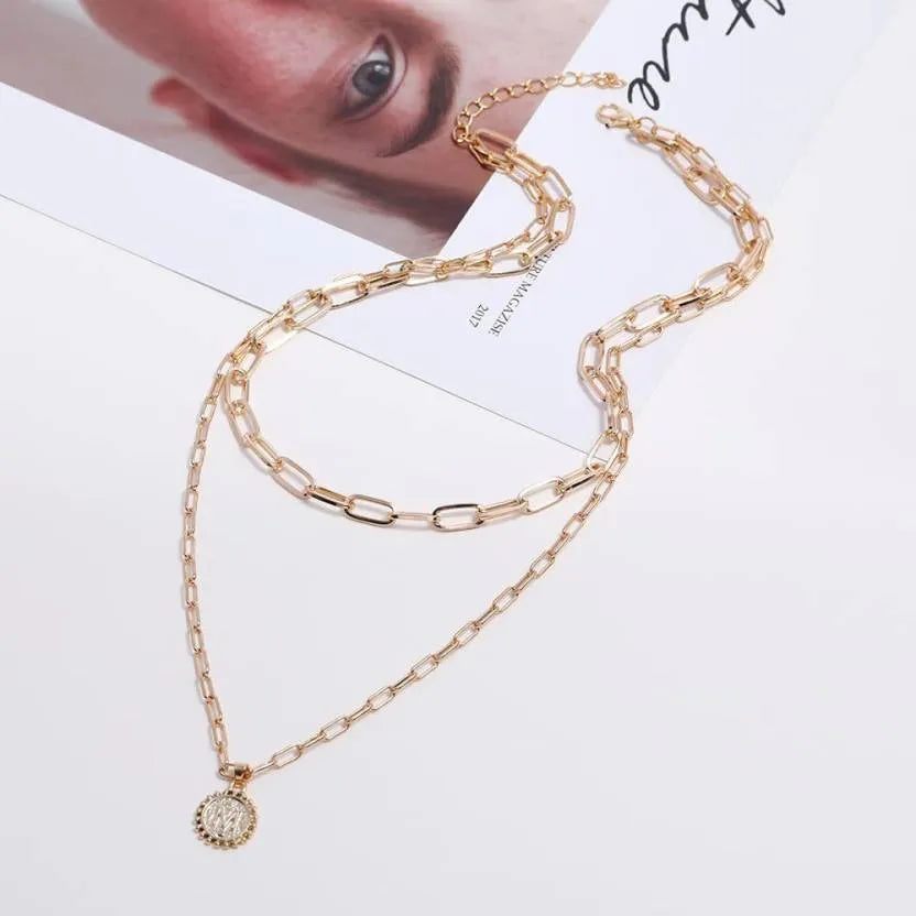 Layered Stylish Gold Plated Word M Round Pendant Thick Chain Necklace Chain Destiny Jewels