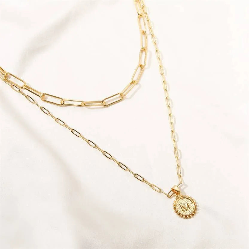 Layered Stylish Gold Plated Word M Round Pendant Thick Chain Necklace Chain Destiny Jewels