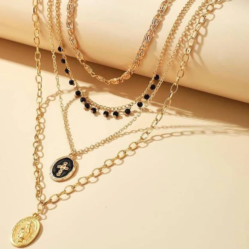 Layered Black Beaded Religious Gold Plated Necklace Chain Destiny Jewels