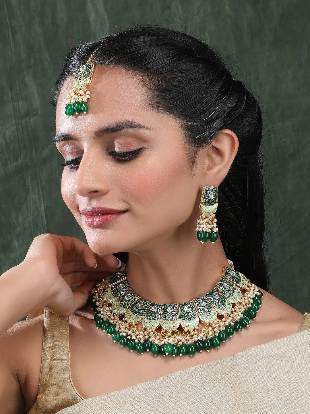 Gracious Green Kundan Meenakari Droplet Necklace Set