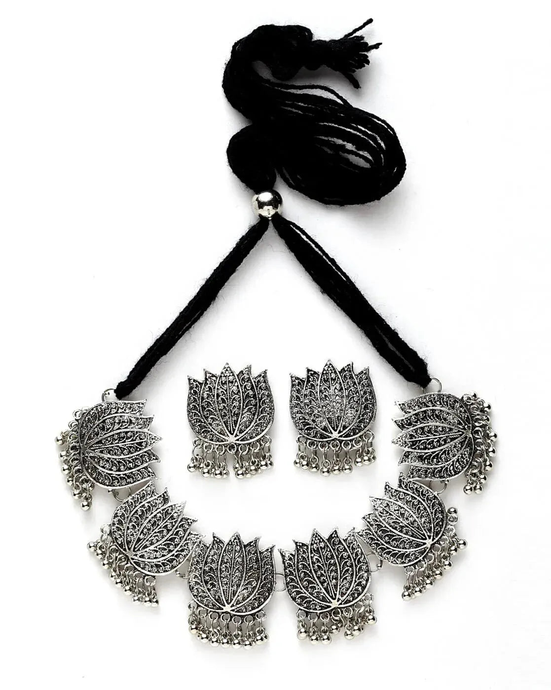 Oxidised Silver Plated Jewellery Set With Jhumkas - Firstglam