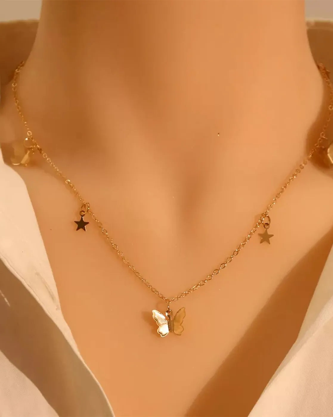 Stylish Gold Plated Stars Butterfly Pendant Necklace Chain Destiny Jewels