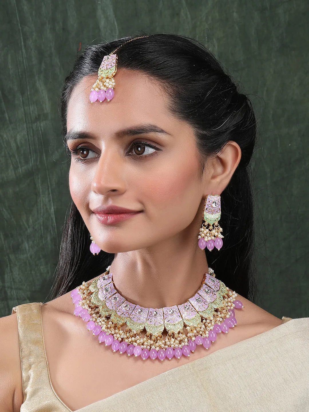 Luxurious Lavander Kundan Meenakari Droplet Necklace Set