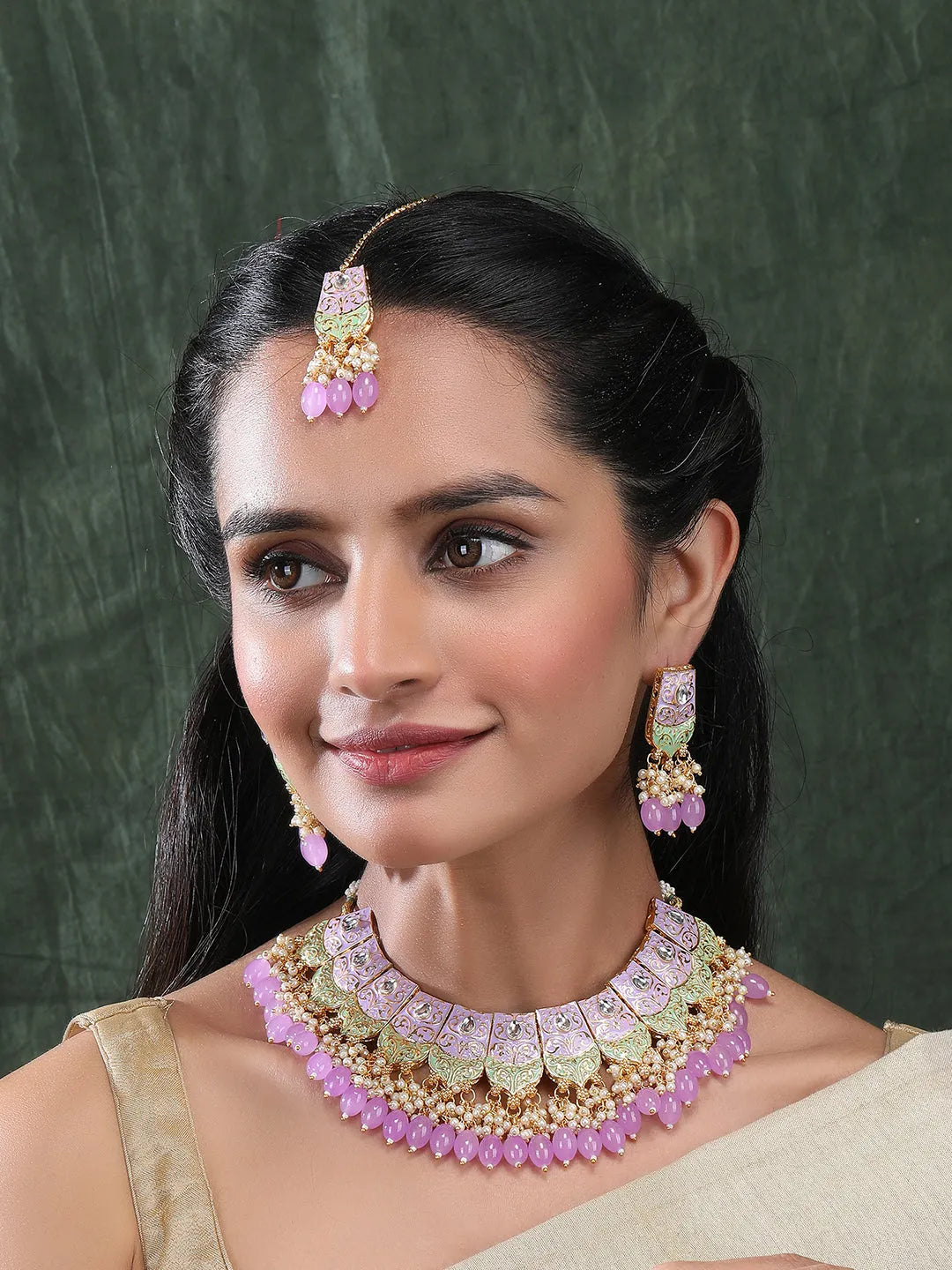 Luxurious Lavander Kundan Meenakari Droplet Necklace Set