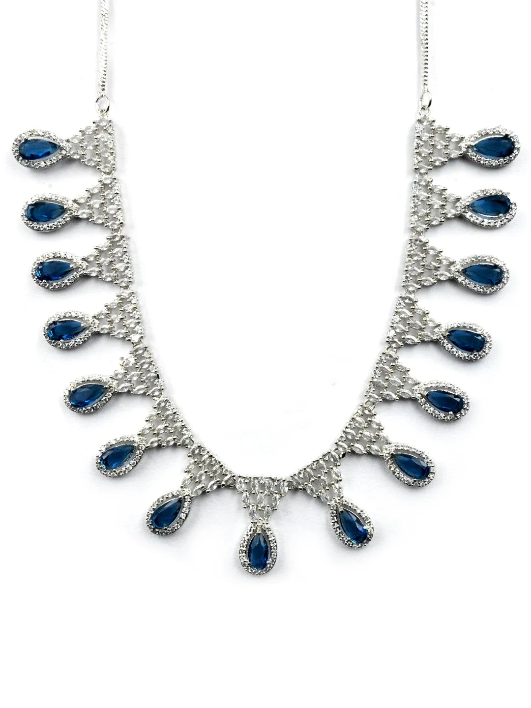 Blue AD-CZ Tear Drop Statement Necklace Set