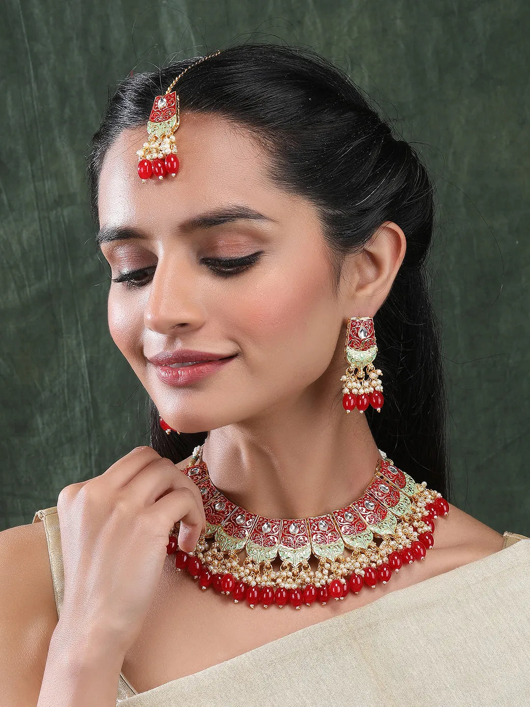 Ravishing Red Kundan Meenakari Droplet Necklace Set