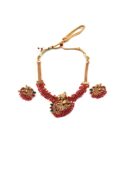 Luxurious Temple Radha Krishna Red Hydra Necklace Set