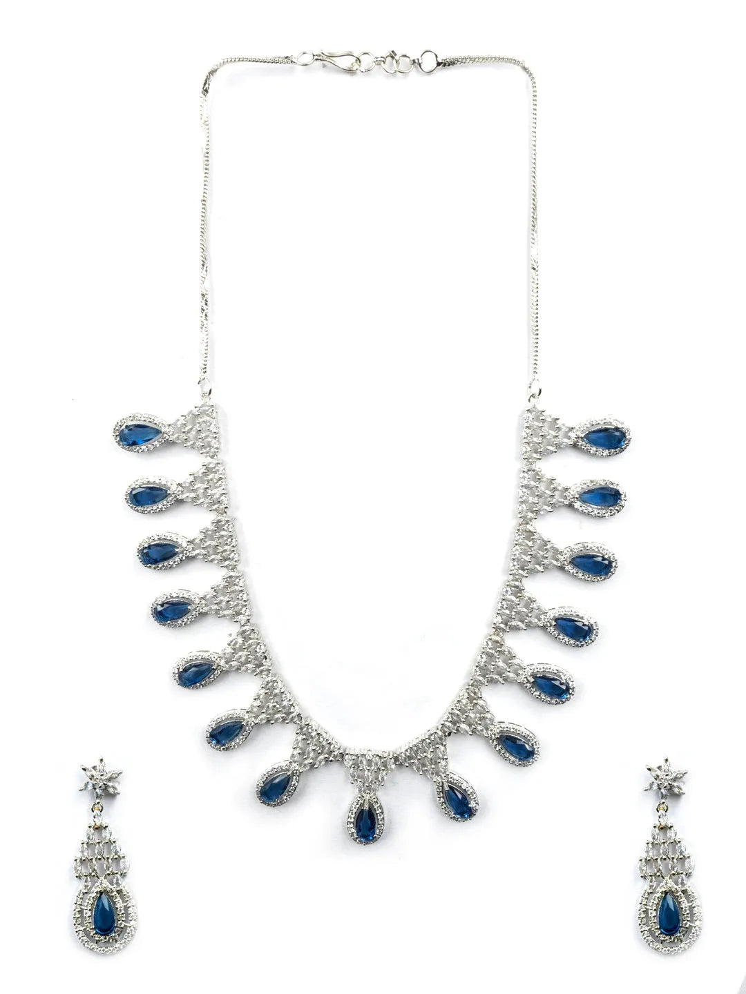 Blue AD-CZ Tear Drop Statement Necklace Set