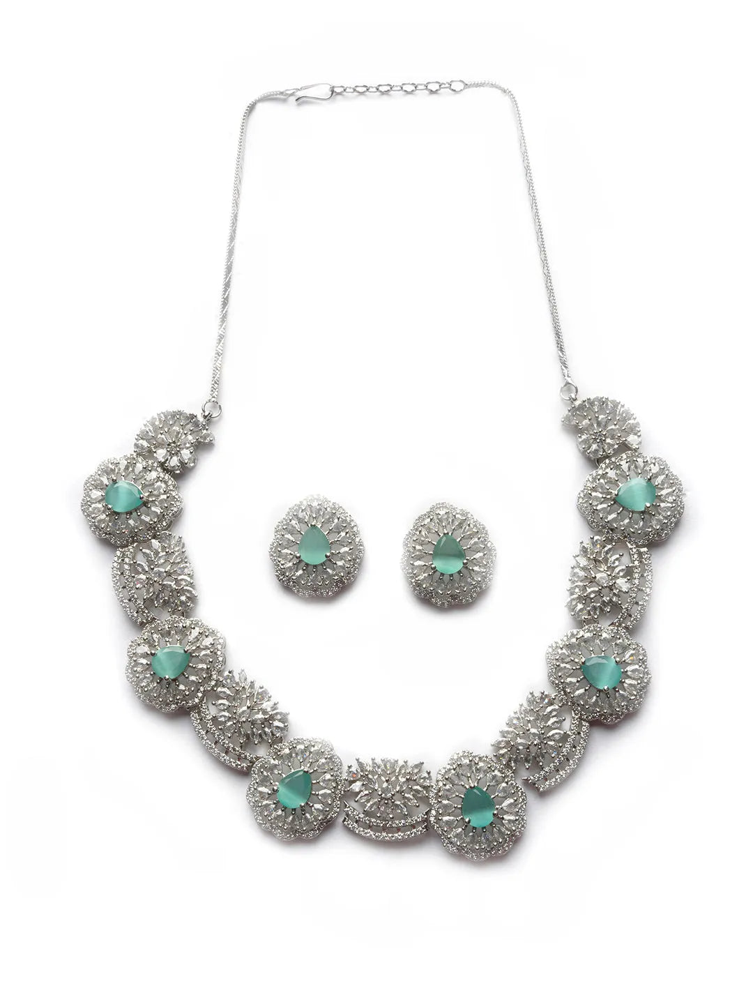 Intricate Cut Work Turquoise CZ Necklace Set