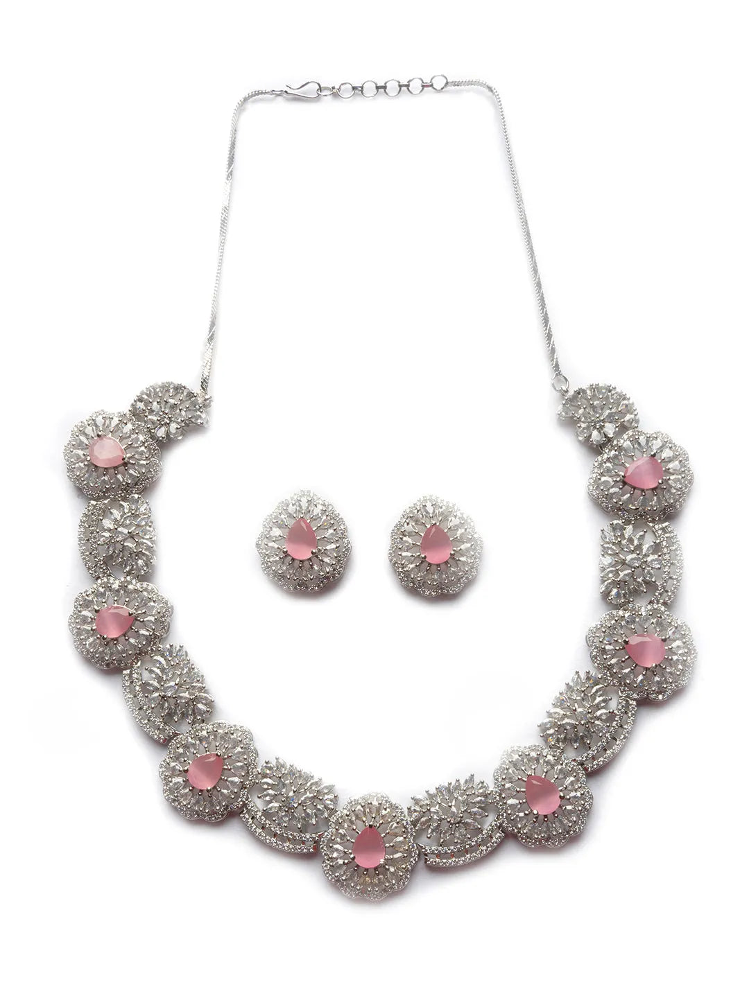 Intricate Cut Work Pink CZ Necklace Set