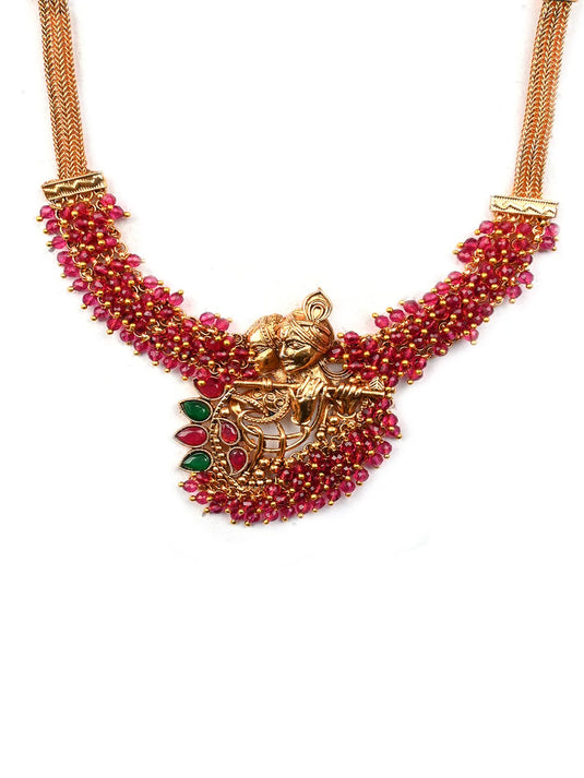 Luxurious Temple Radha Krishna Red Hydra Necklace Set