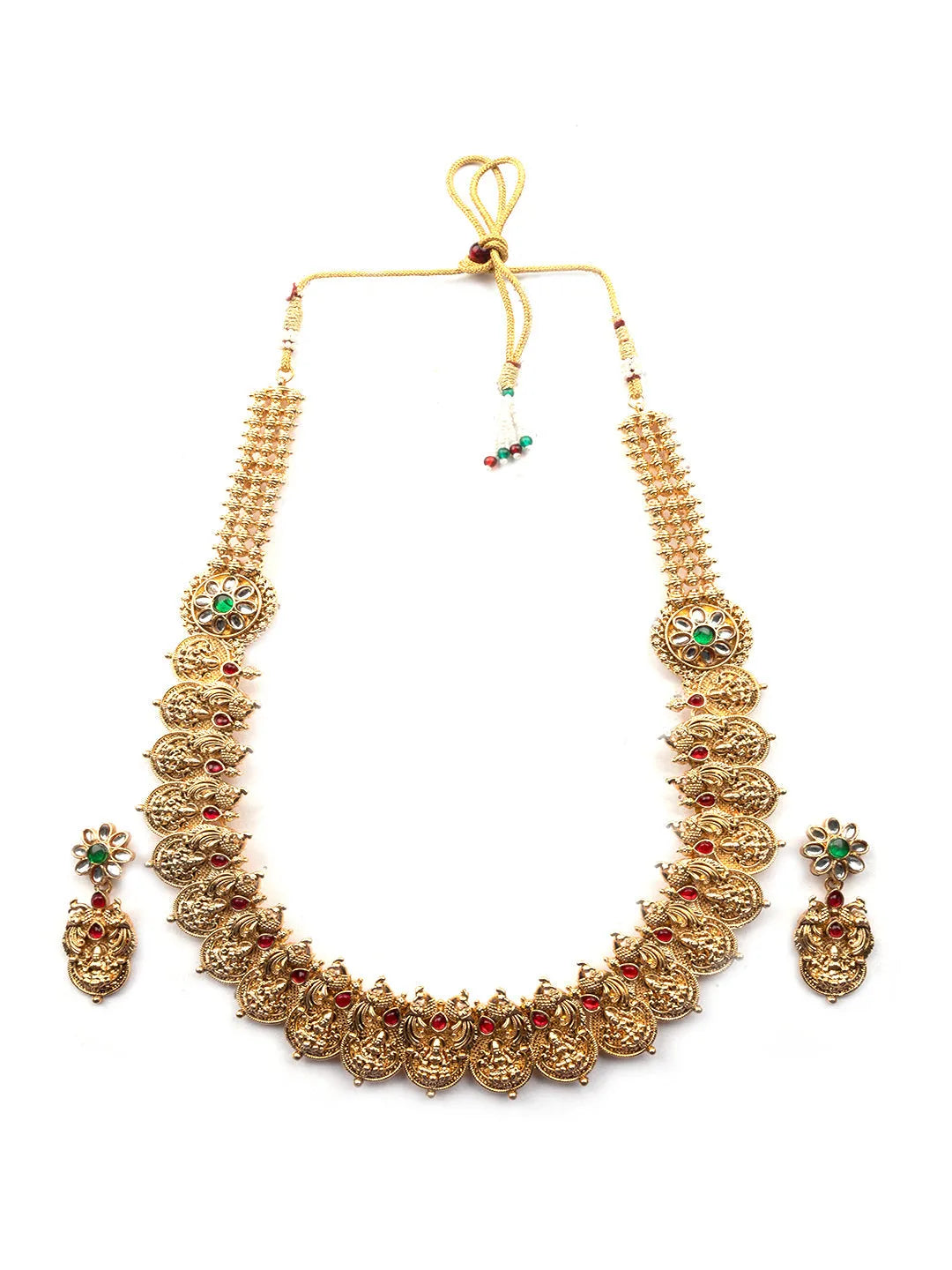 Designer Red-Green Kemp Studded Coin Long Necklace Set