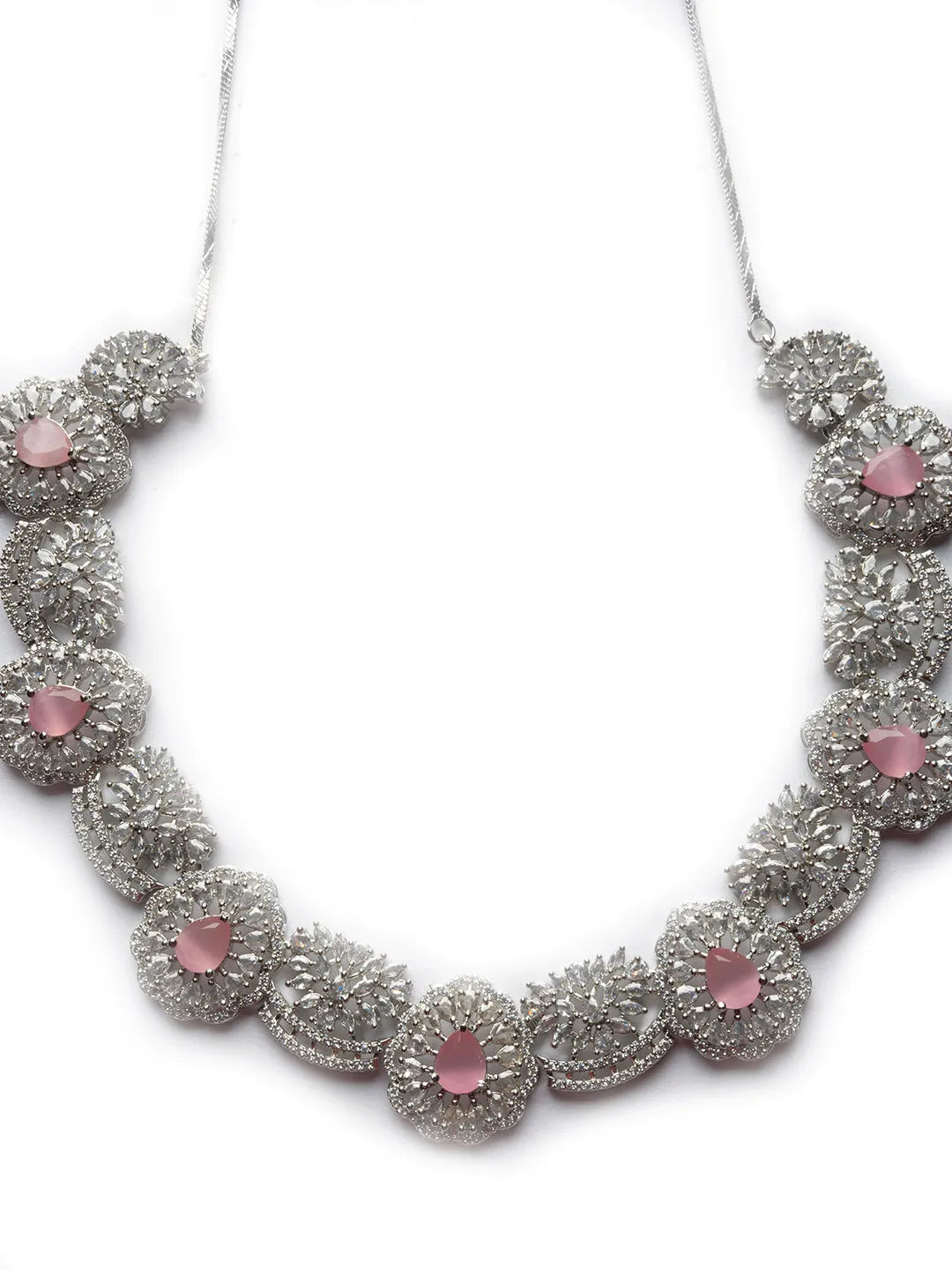 Intricate Cut Work Pink CZ Necklace Set