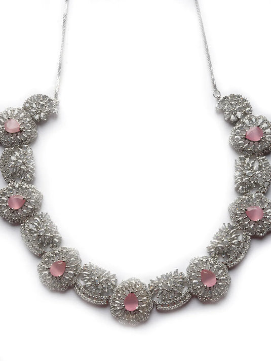 Intricate Cut Work Pink CZ Necklace Set