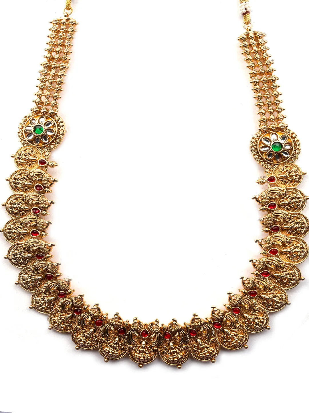 Designer Red-Green Kemp Studded Coin Long Necklace Set