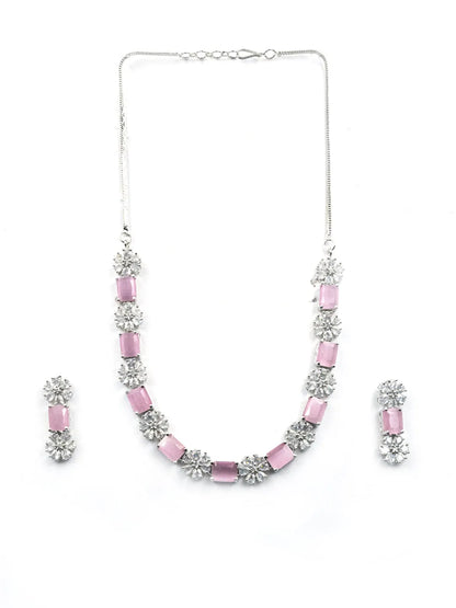 Exquisite Pink Flower Motif CZ Sleek Necklace Set