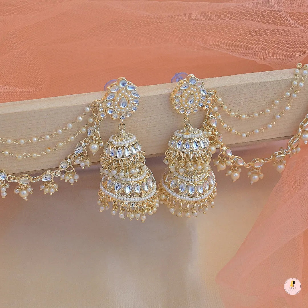 Neelam Layered Jhumkas with Pearl Earchain