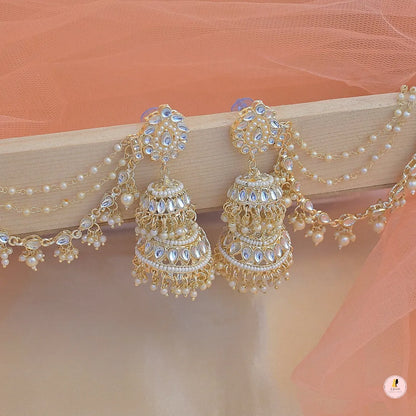 Neelam Layered Jhumkas with Pearl Earchain