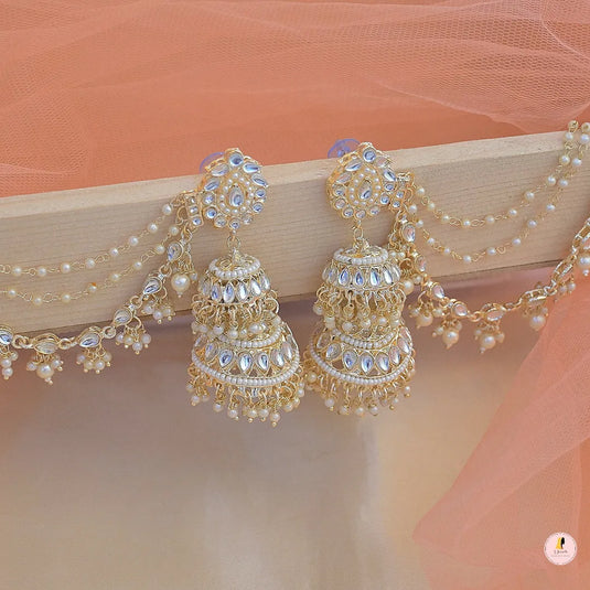 Neelam Layered Jhumkas with Pearl Earchain