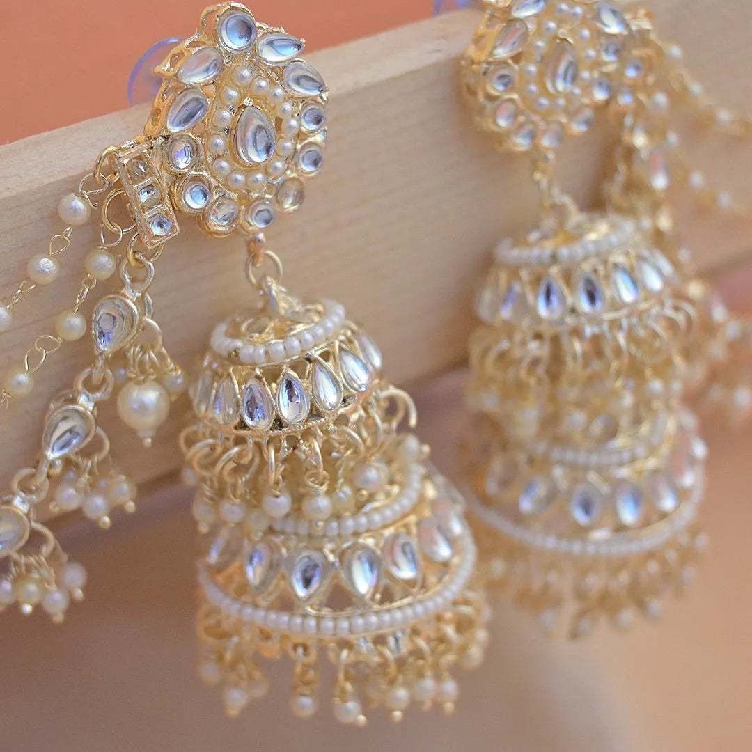 Neelam Layered Jhumkas with Pearl Earchain