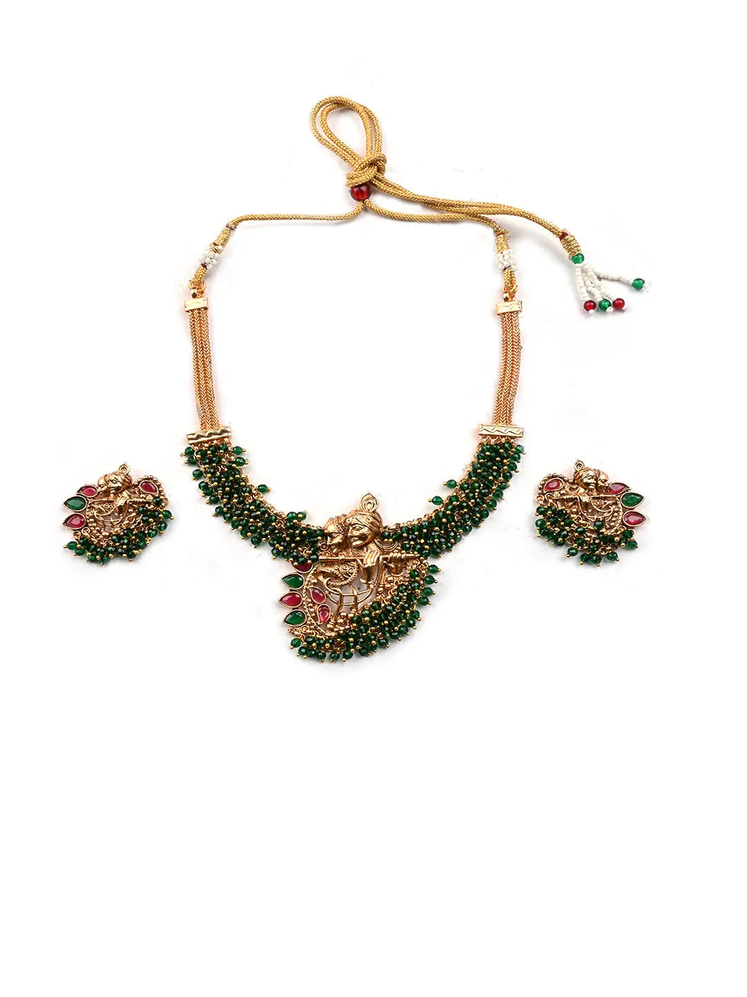 Luxurious Temple Radha Krishna Green Hydra Necklace Set