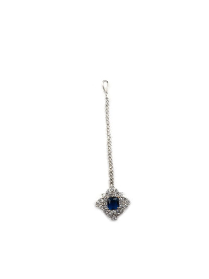 Silver Plated Blue Square AD CZ Studded Leaf Pendant Set With Earrings and Maangtika