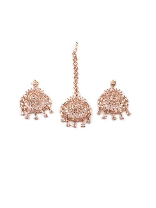 CZ Studded Rose Gold Drop Style Earrings and Maangtika Set | Shop Now