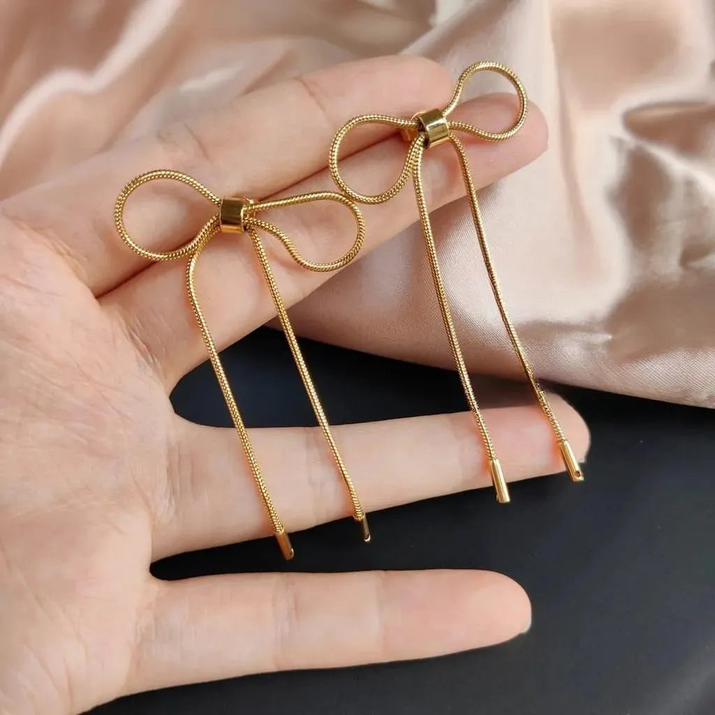18K Waterproof Gold Plated Ribbon Bow Earrings - 3