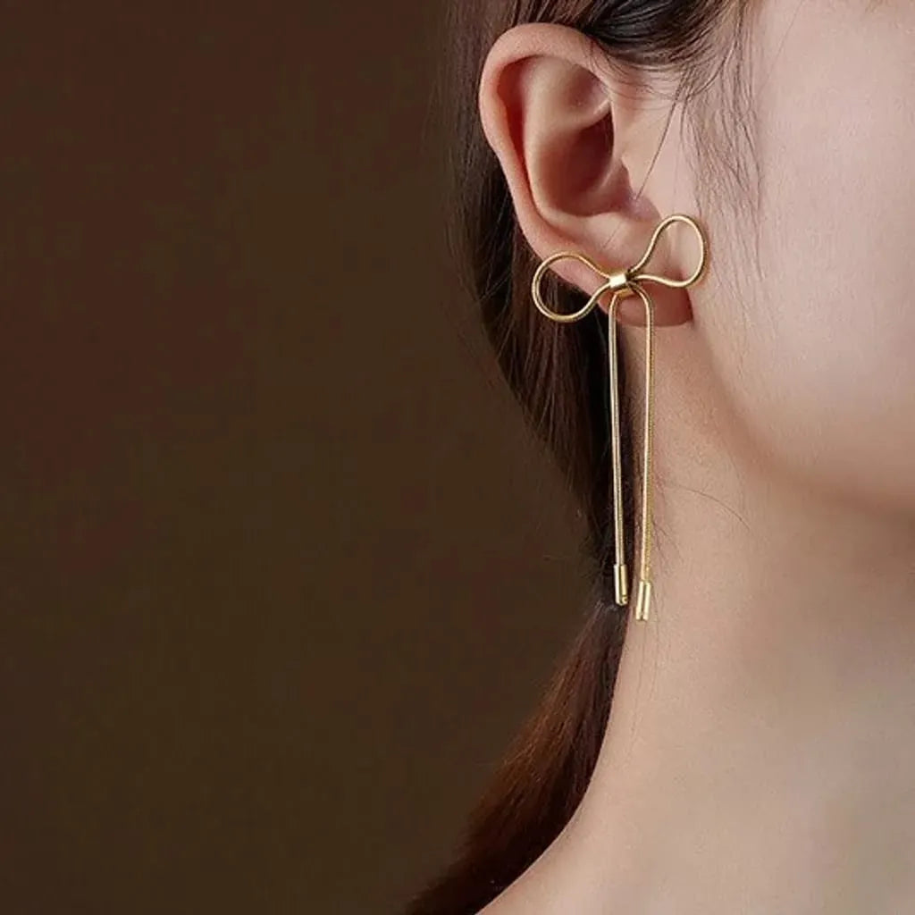 18K Waterproof Gold Plated Ribbon Bow Earrings - 2