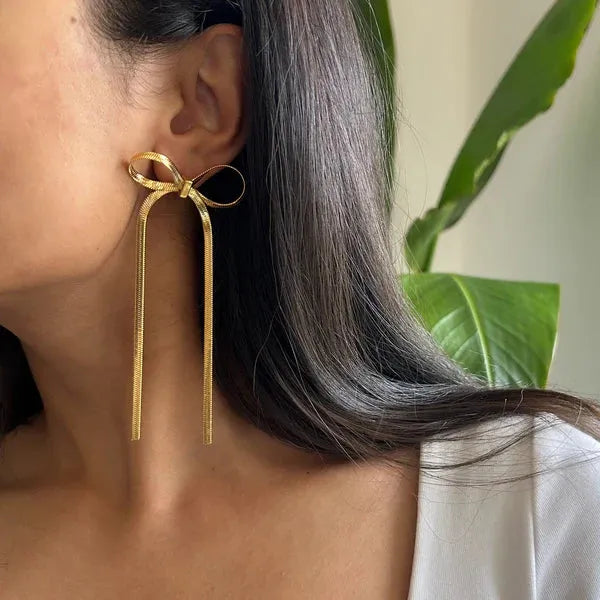 18K Waterproof Gold Plated Ribbon Bow Earrings - 1