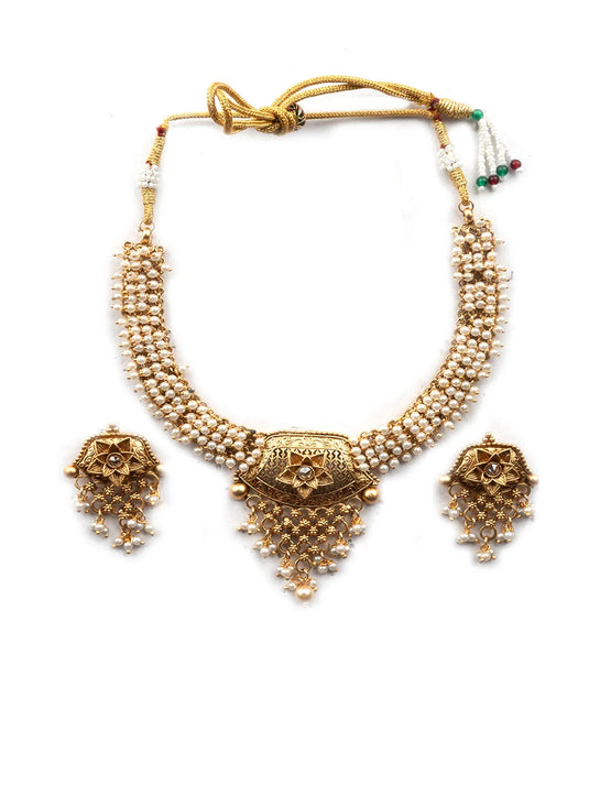 White Necklace Set In Dazzling Gold Finish