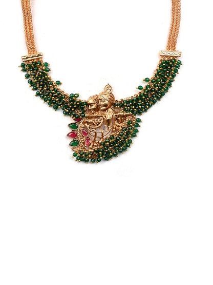 Luxurious Temple Radha Krishna Green Hydra Necklace Set