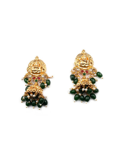 Gold Plated Green Beads Temple Necklace Set With Jhumkas