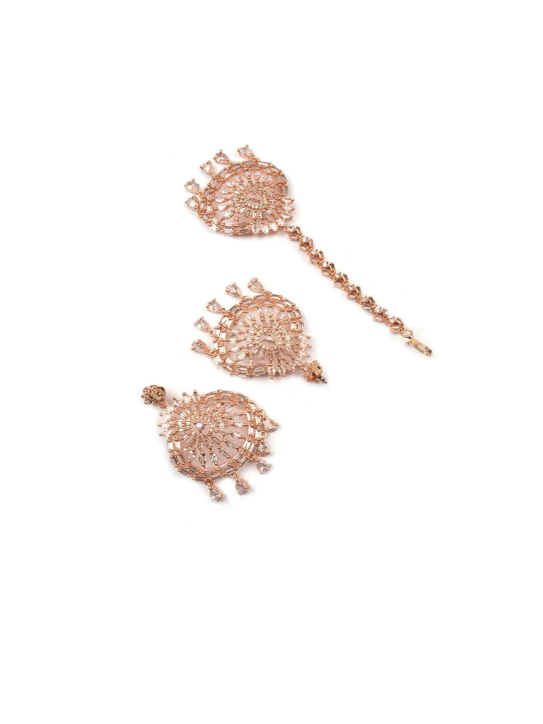 CZ Studded Rose Gold Drop Style Earrings and Maangtika Set | Shop Now