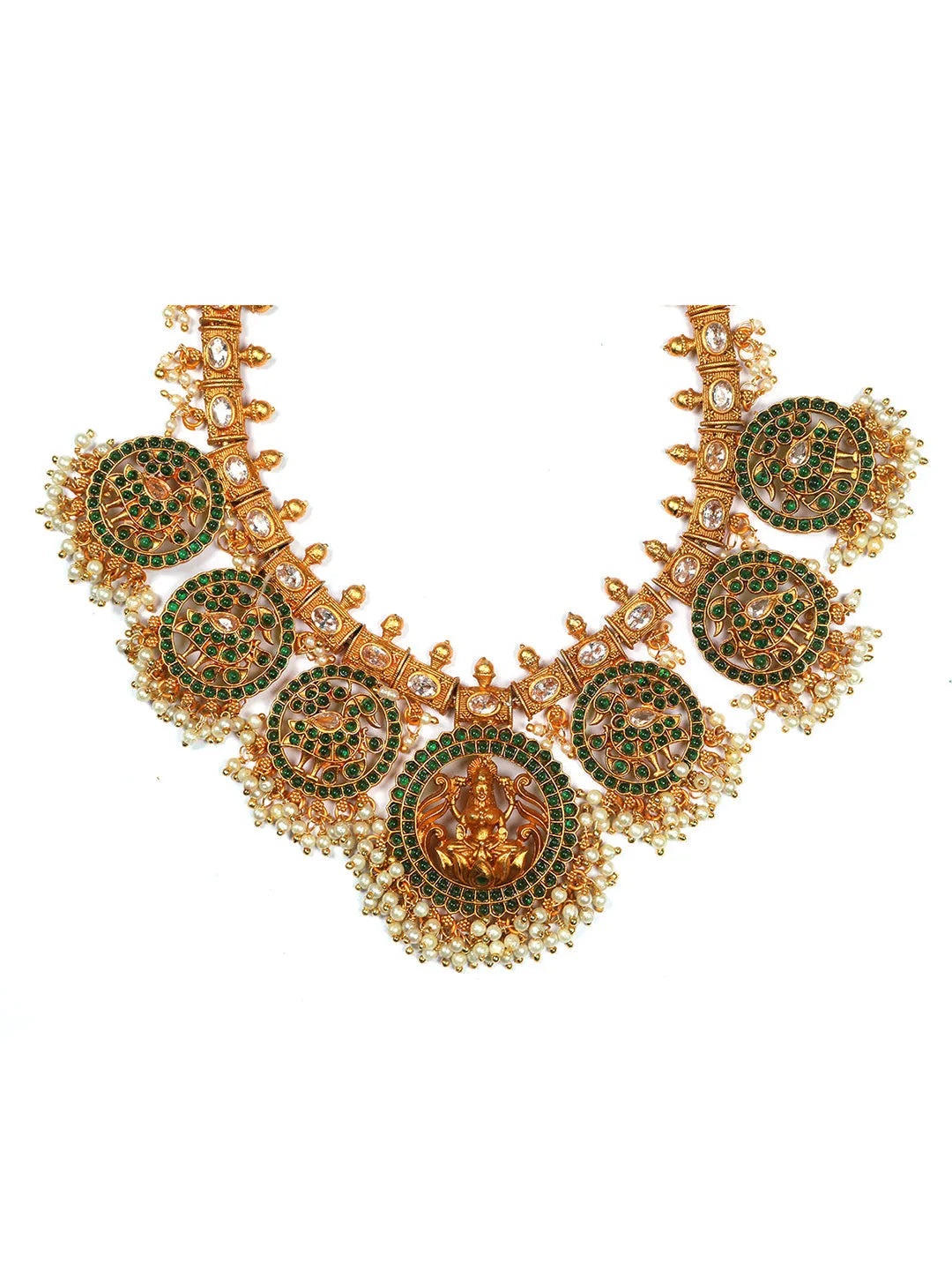 Gold Plated Green Temple Pusa Beads Necklace Set