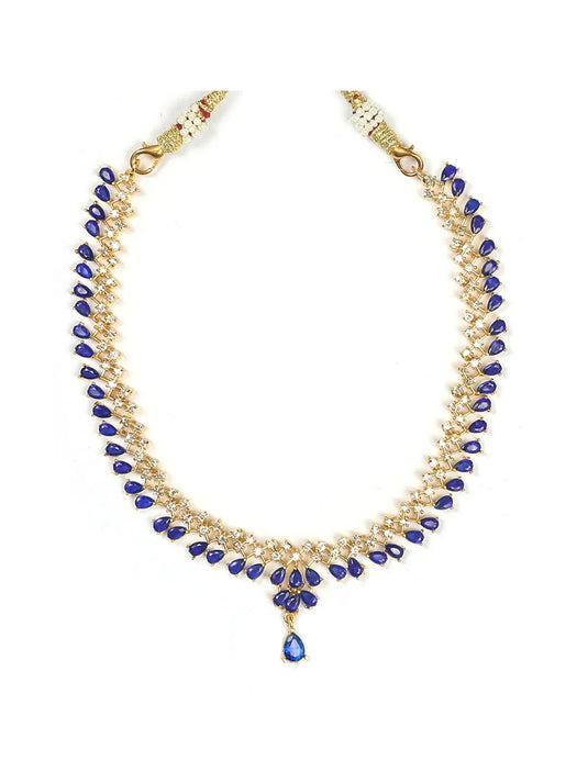 Bold Blue American Diamond Gold Plated Sleek Necklace | Shop Now!