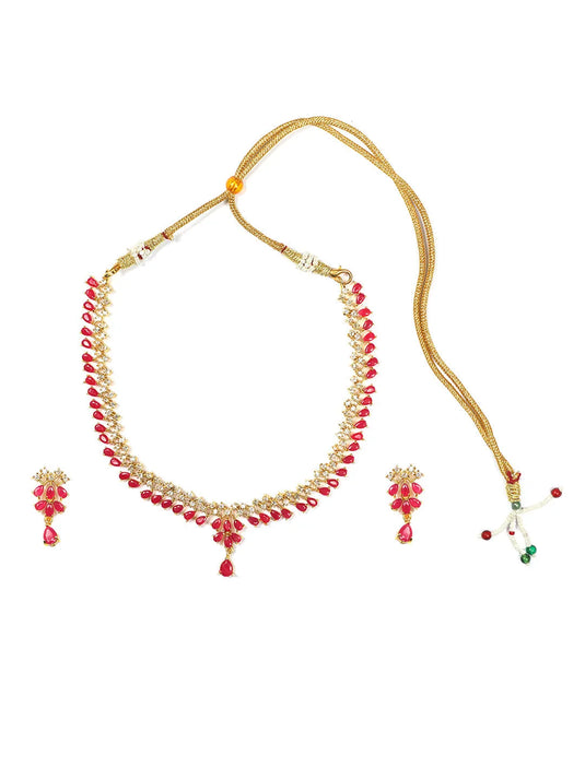 Gold Plated Ruby American Diamond Studded Sleek Necklace | Shop Now!