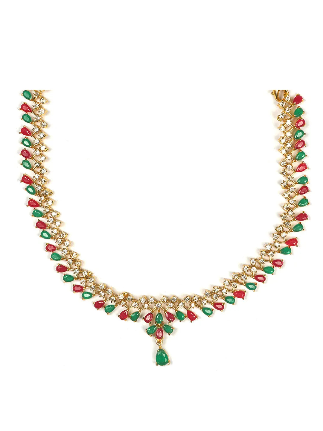 Magnificient Ruby-Green American Diamond Gold Plated Sleek Necklace | Shop Now!