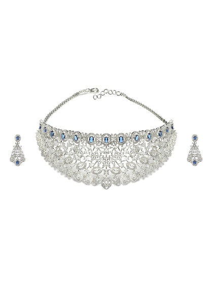 Silver Plated Blue Cubic Zirconia Bridal Necklace Set | Exquisite Wedding Jewellery Set